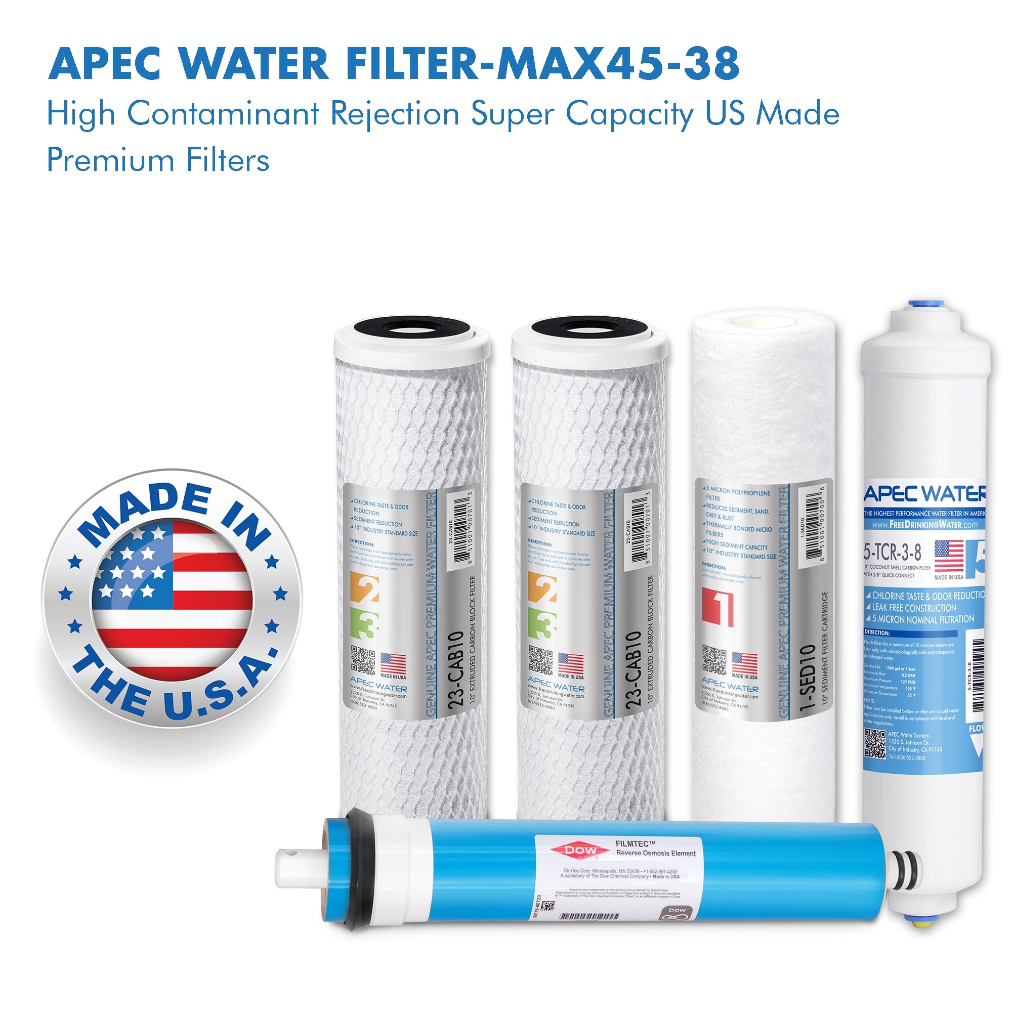 APEC RO Replacement Filters Complete Filter Set for ULTIMATE RO-45 and RO-PUMP Models - With 3/8" Quick Dispense Upgrade (Stages 1-5)