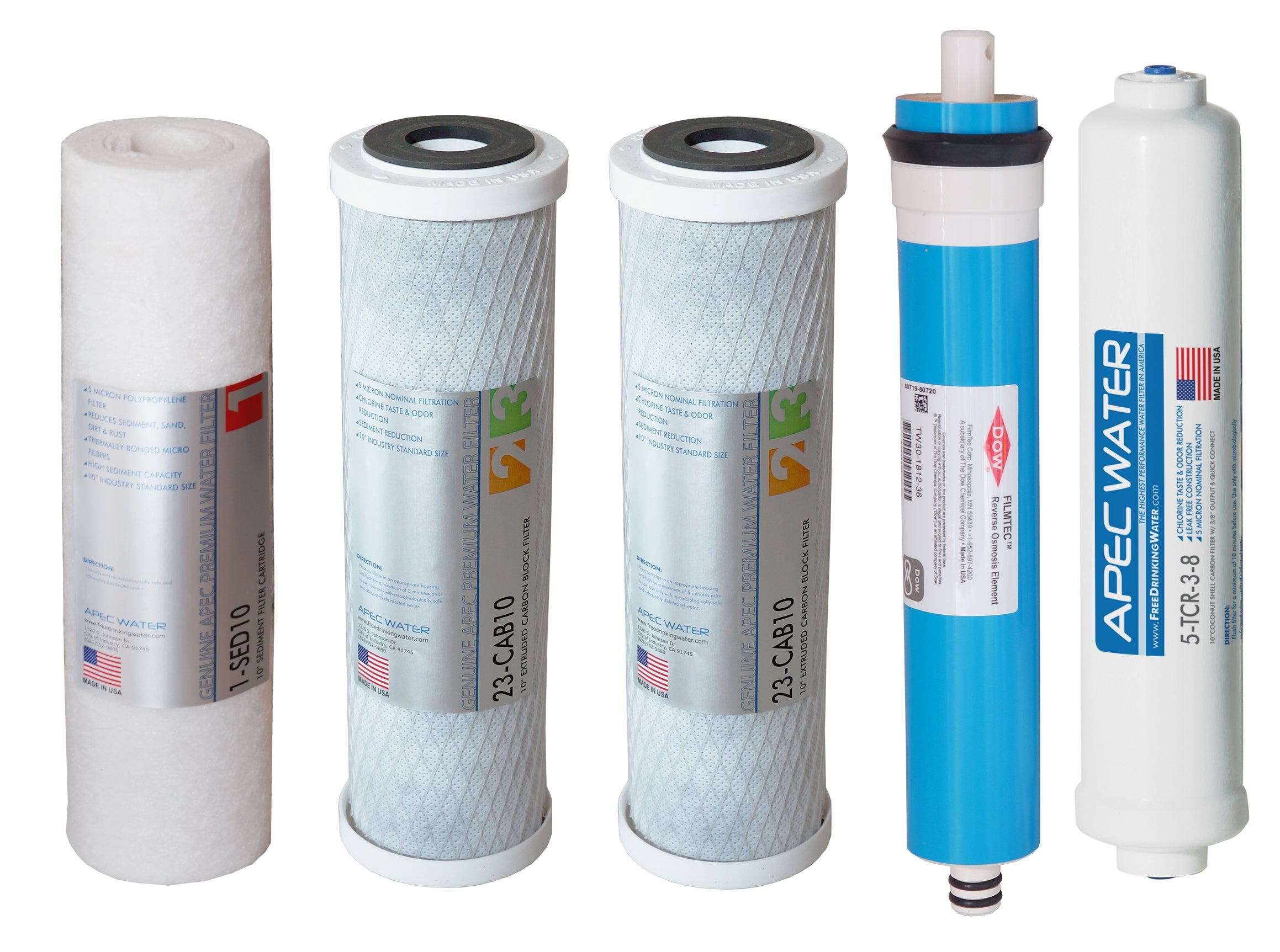 APEC RO Replacement Filters Complete Filter Set for ULTIMATE RO-Hi model, and RO-90 and RO-PERM Models With 3/8"D Tubing Quick Dispense Upgrade (Stages 1-5)