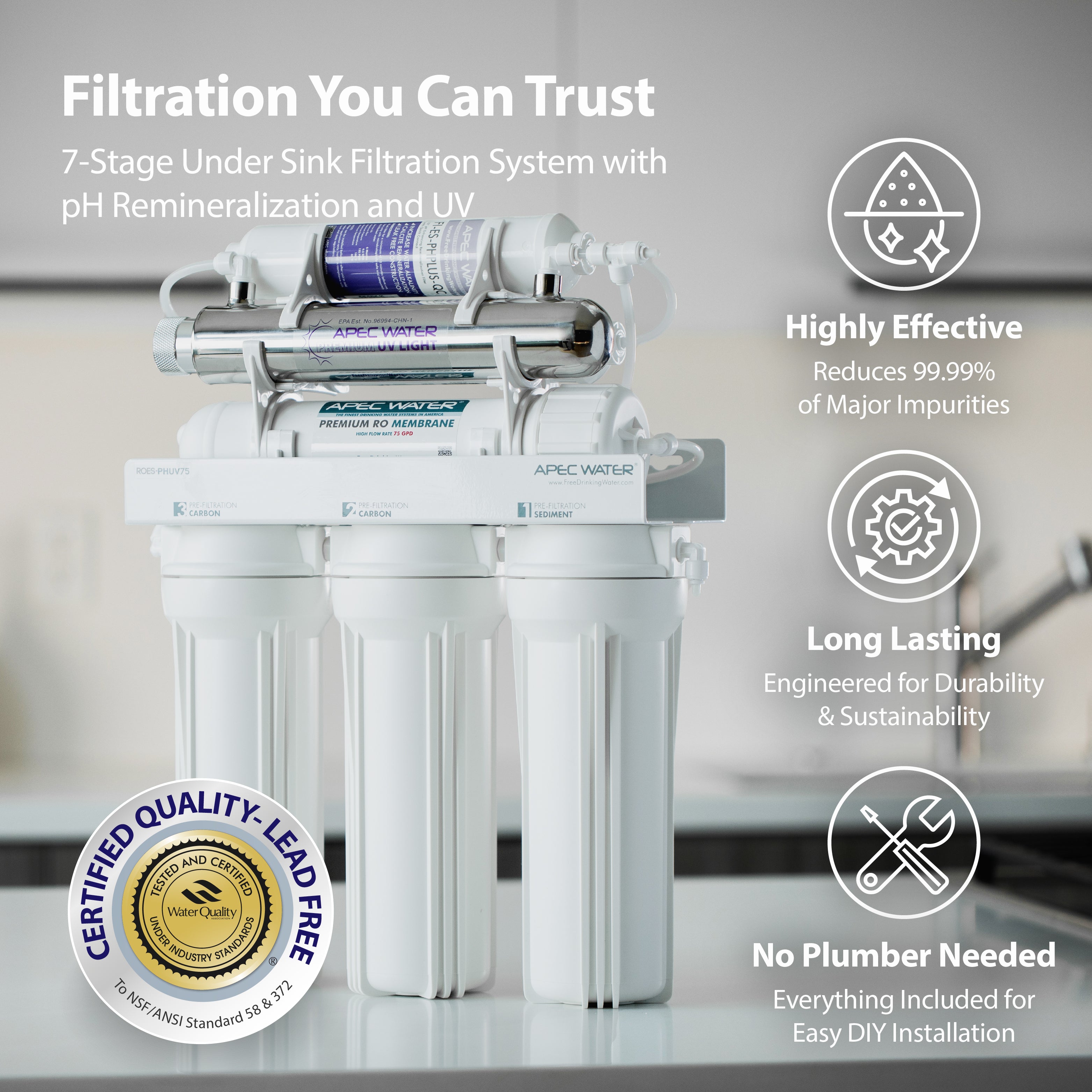 ROES-PHUV75 - Essence Alkaline Mineral pHPlus and UV Ultra-Violet Sterilizer 75 GPD 7-Stage Reverse Osmosis Water Systems for Drinking Water