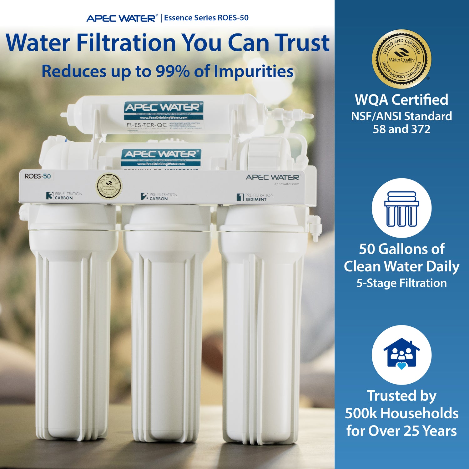 ROES-50 - Essence 5-stage 50 GPD Reverse Osmosis Water System for Drinking Water, WQA Certified