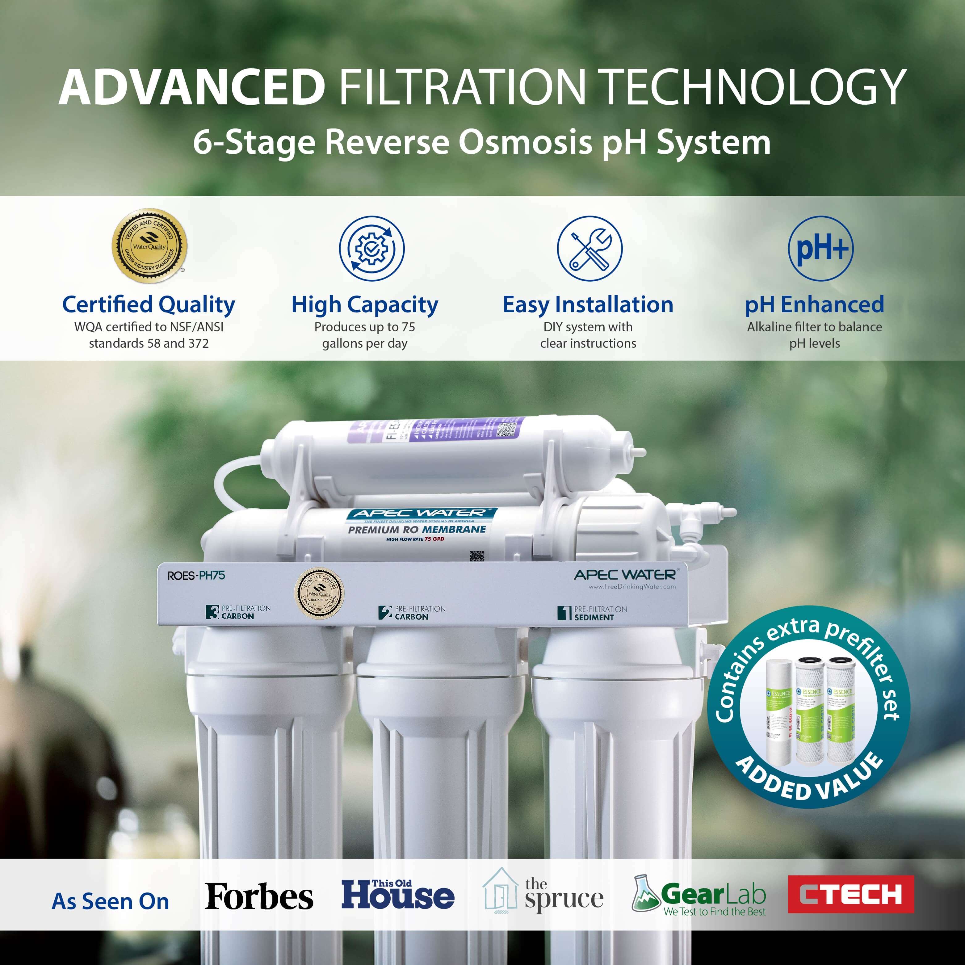 ROES-PH75X - Essence Alkaline Mineral 6-Stage 75 GPD Reverse Osmosis Water Filter System With Extra Pre-Filter Bundle, WQA Certified