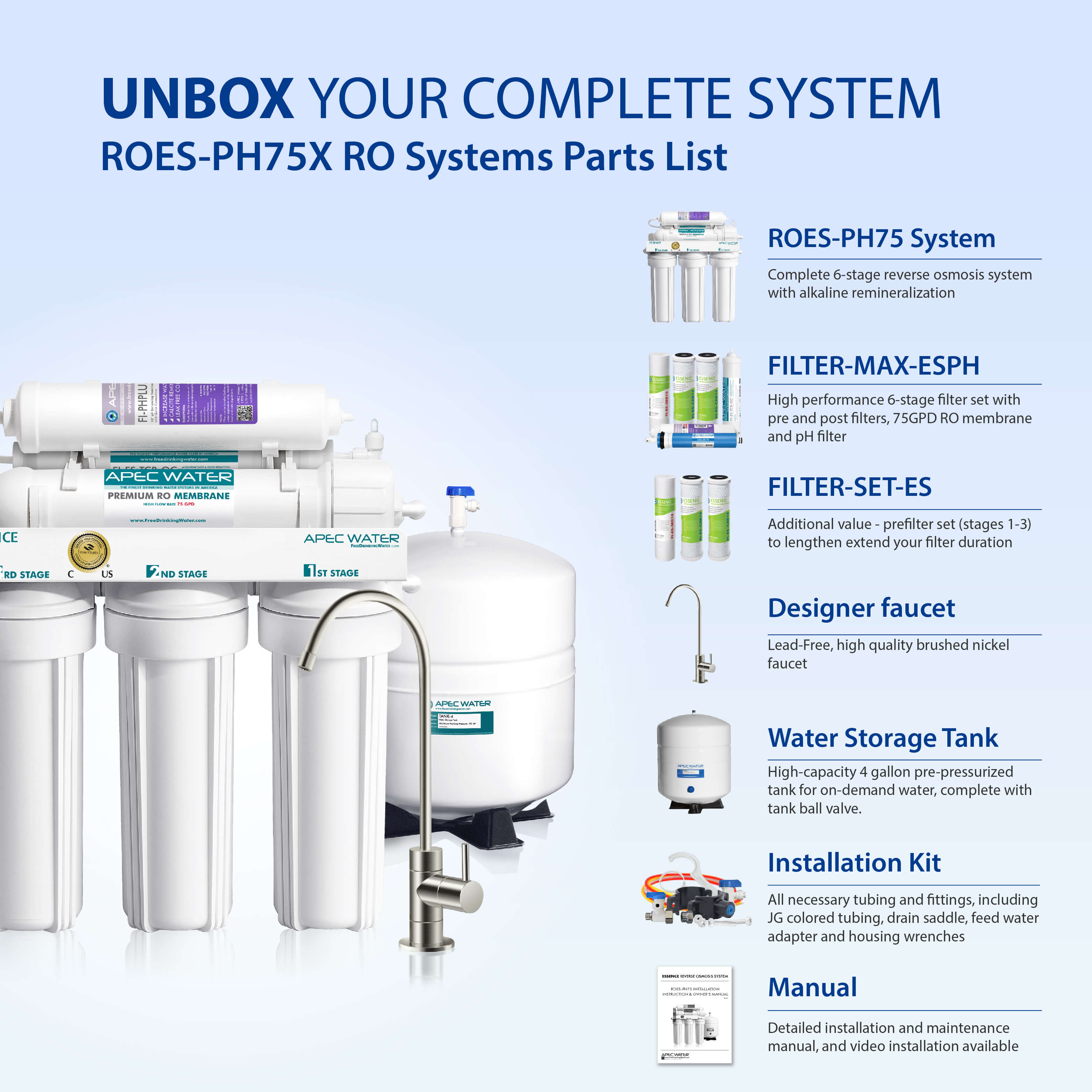 ROES-PH75X - Essence Alkaline Mineral 6-Stage 75 GPD Reverse Osmosis Water Filter System With Extra Pre-Filter Bundle, WQA Certified