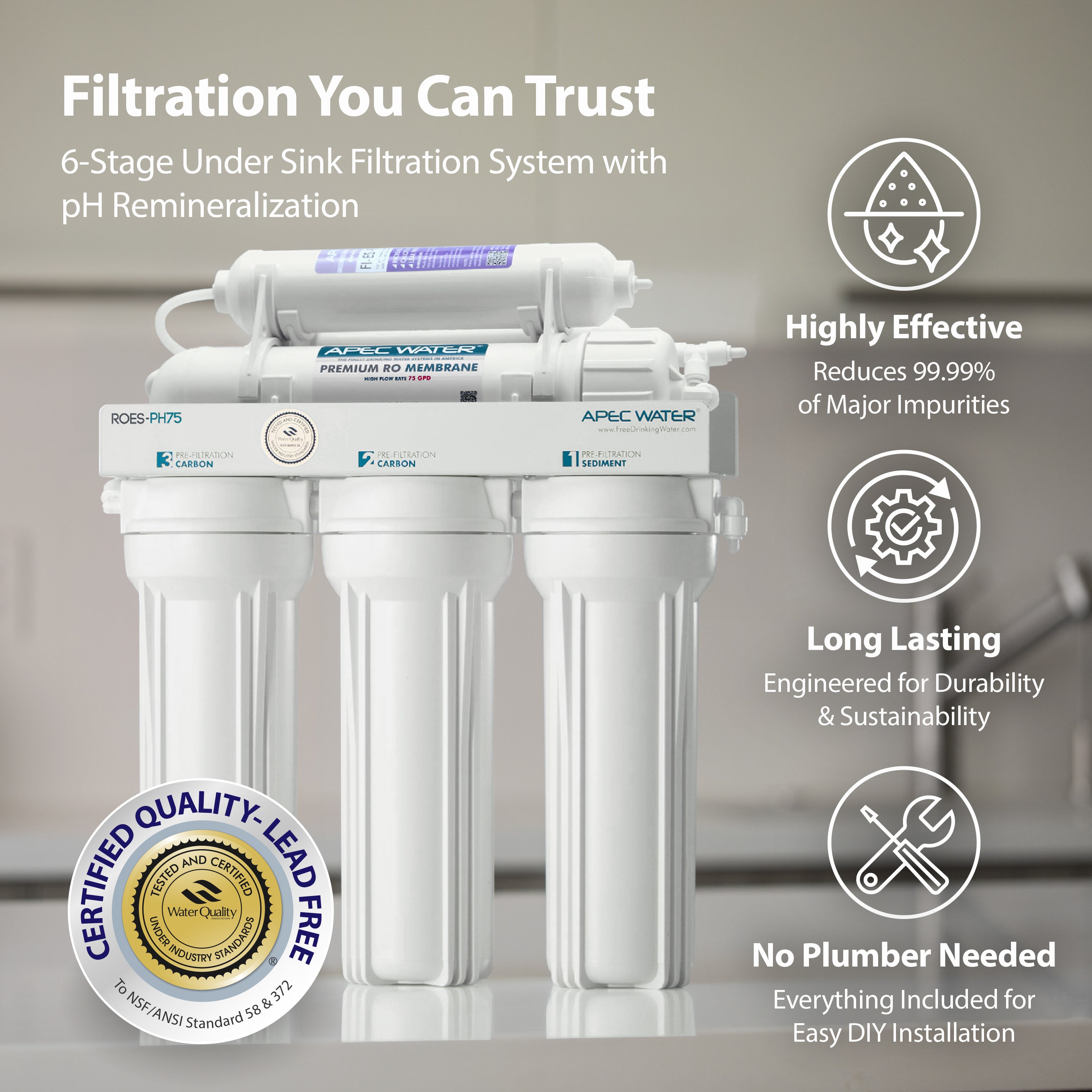 ROES-PH75 - Essence Alkaline Mineral 6-Stage 75 GPD Reverse Osmosis Water Systems for Drinking Water, WQA Certified