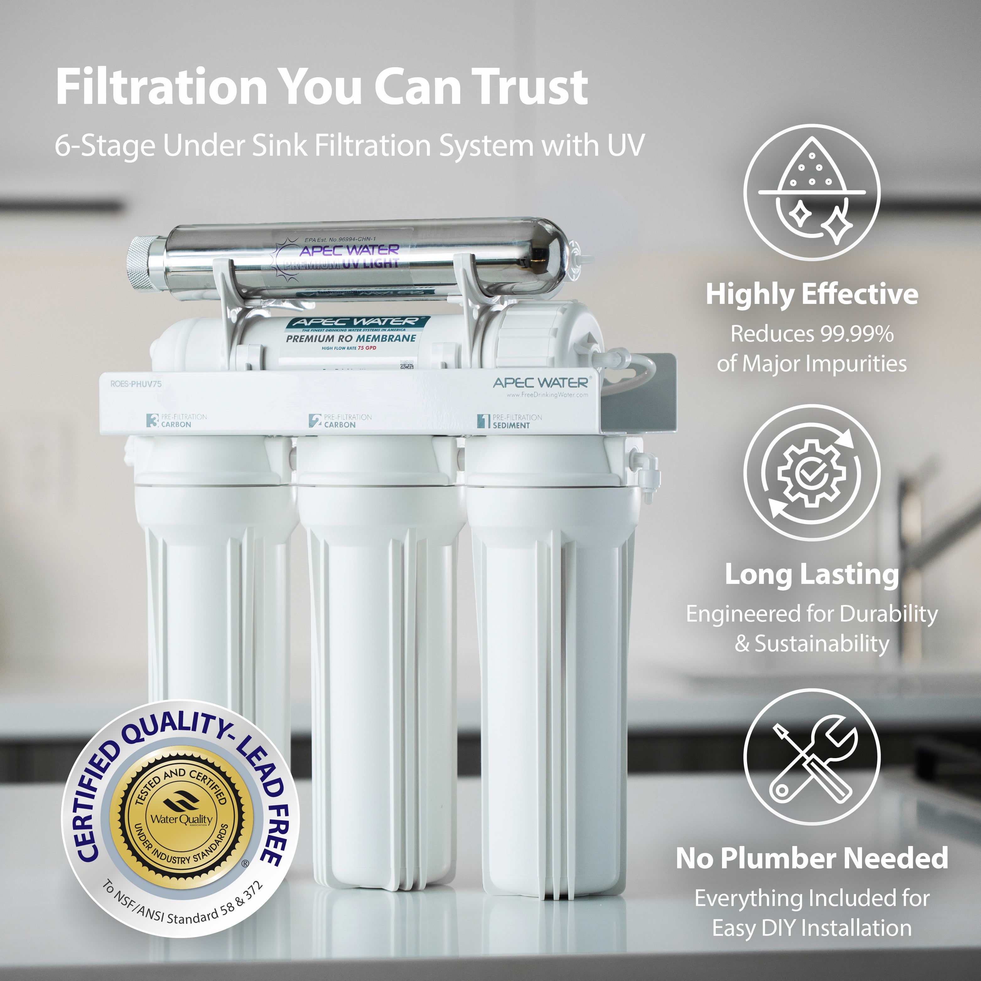 ROES-UV75-SS - Essence Stainless Steel UV Disinfecting 6-Stage 75 GPD Reverse Osmosis Water Systems for Drinking Water