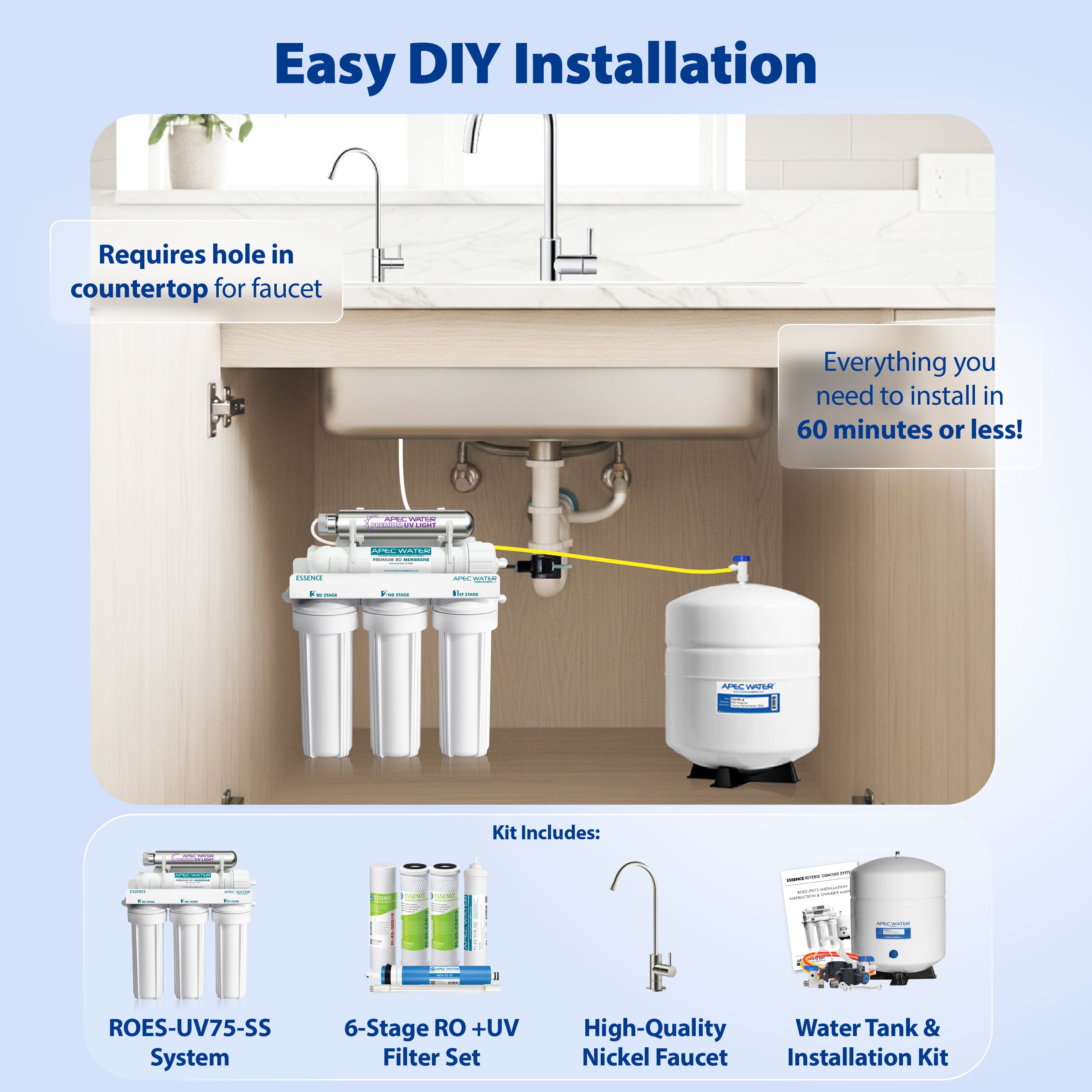 ROES-UV75-SS - Essence Stainless Steel UV Disinfecting 6-Stage 75 GPD Reverse Osmosis Water Systems for Drinking Water