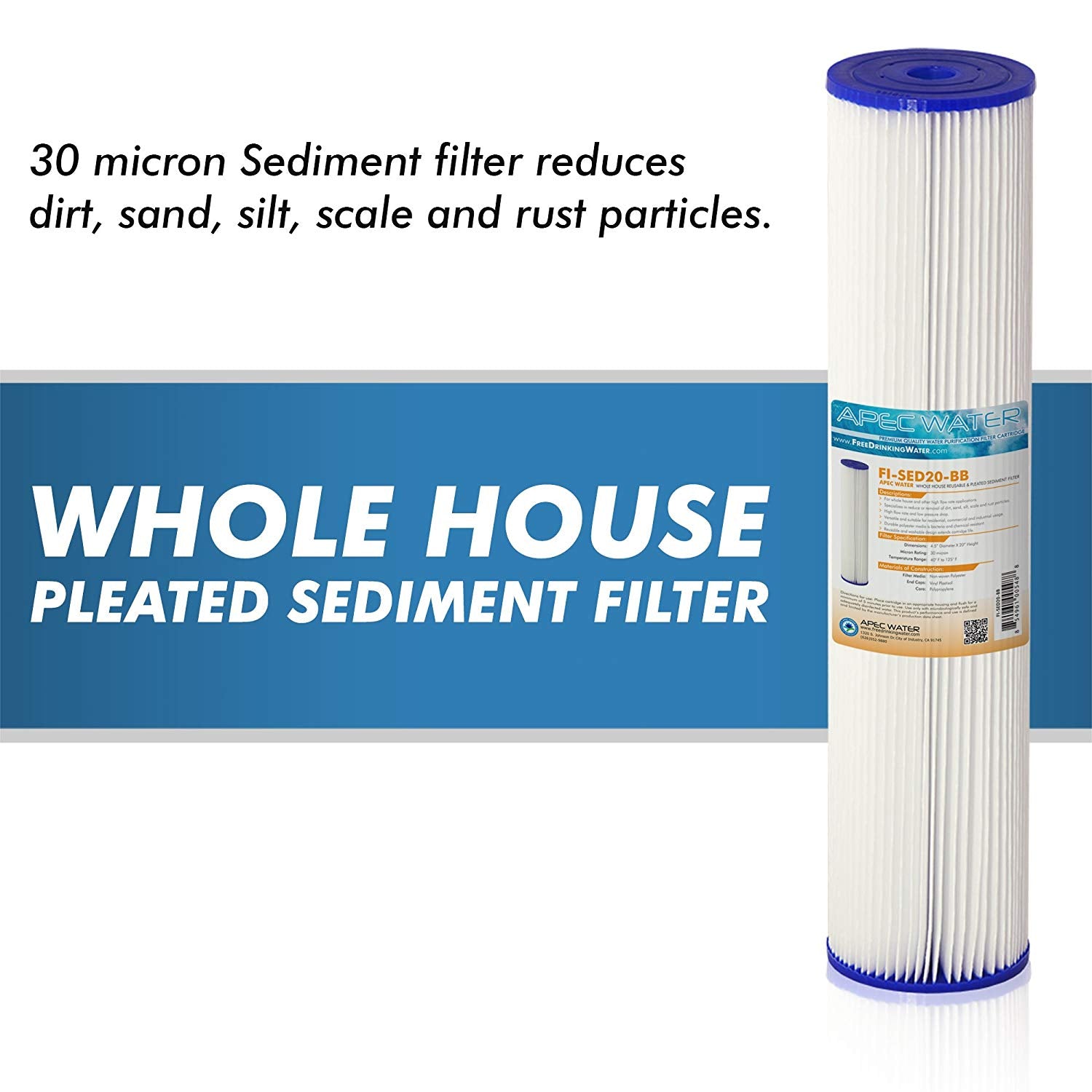 Whole House Reusable and Pleated Sediment Filter 4.5" x 20", 30 micron