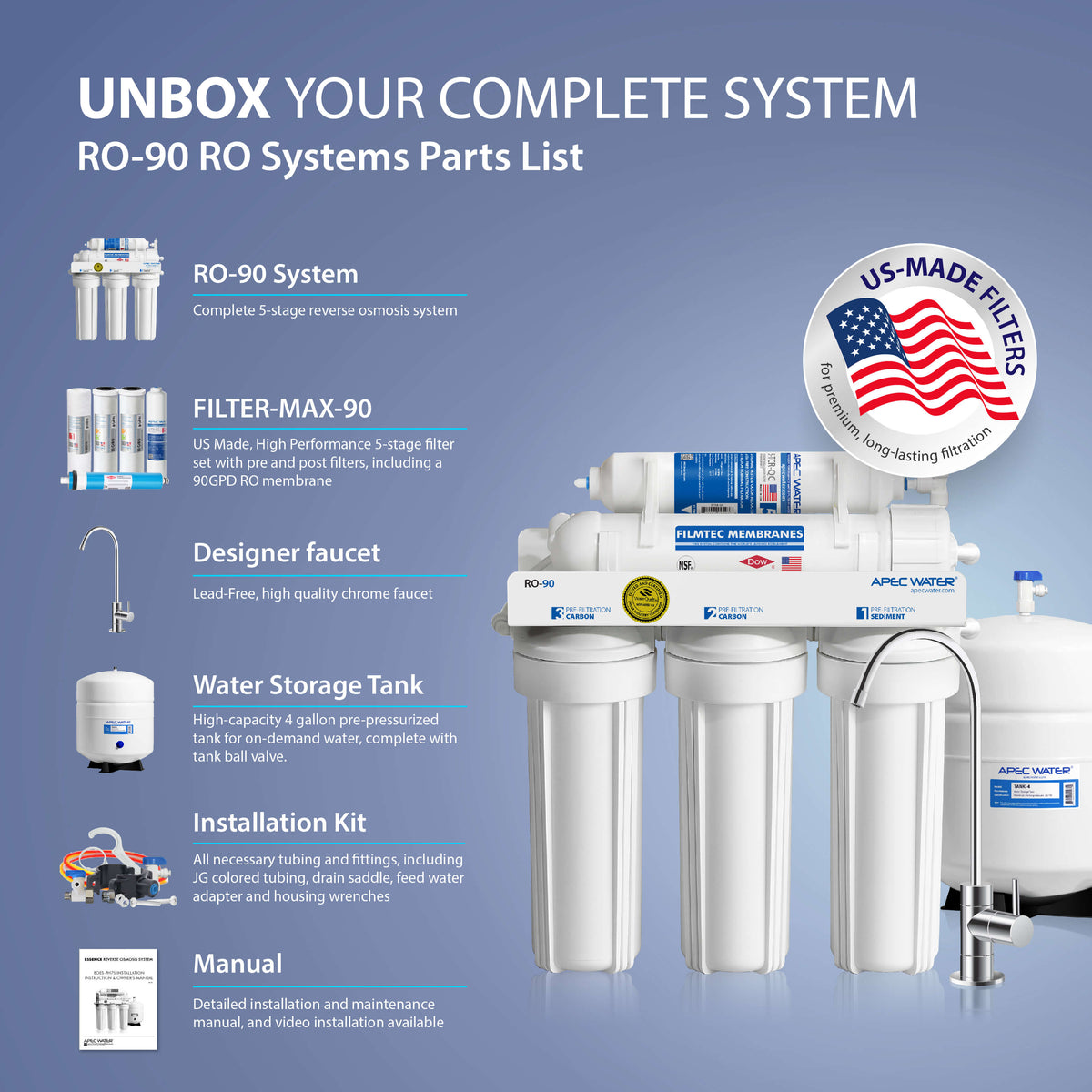 RO-90 Ultimate 90 GPD Under-Sink RO Filtration System | APEC