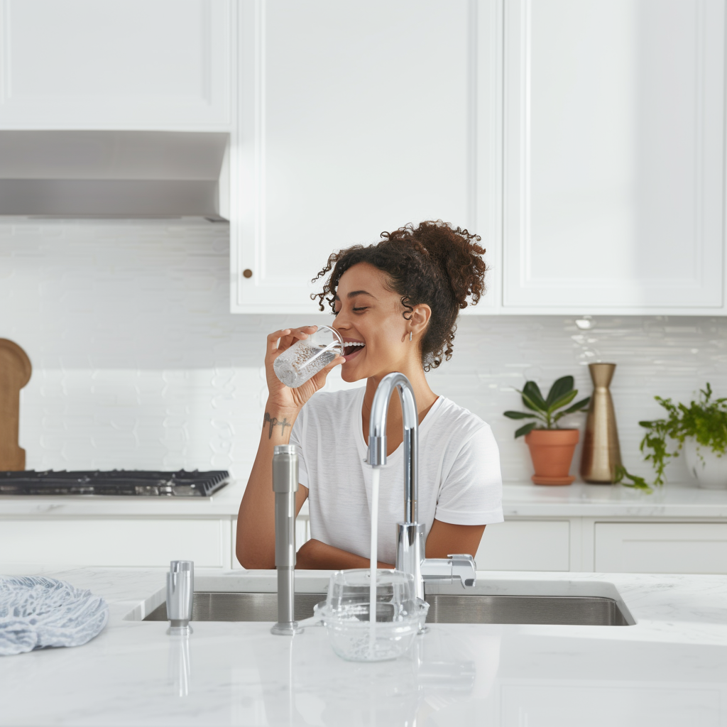 female drinking water laughing