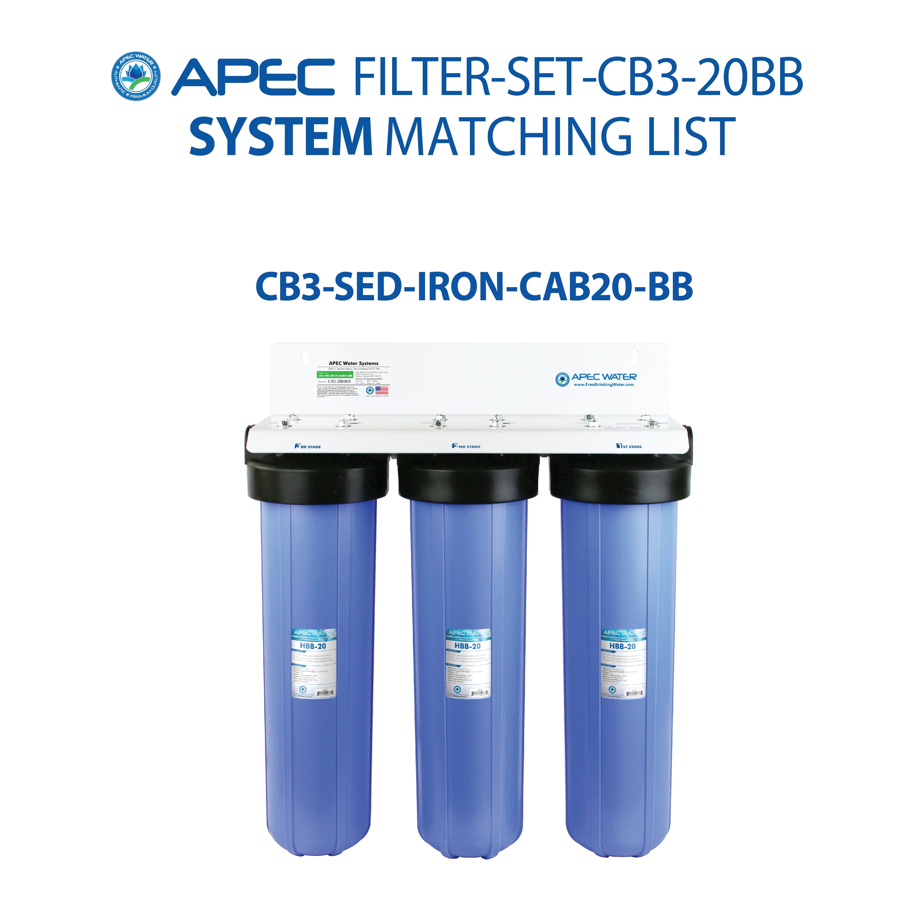 APEC 20 Inch Whole House Sediment, Iron, Carbon Replacement filter set for CB3-SED-IRON-CAB20-BB
